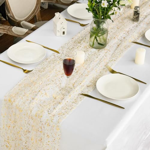 6Pcs 28x120 Inch Beige Gold Gauze Table Runner Set for Wedding & Party Decor