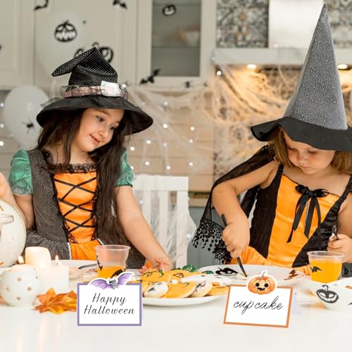 Halloween Buffet Food Labels - 48 Pack Folded Place Cards for Parties - Halloween Variation