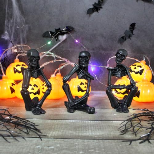 Black Skeleton Decor Set of 3 - Gothic Thinker Skeleton Figurines for Home & Halloween Decor