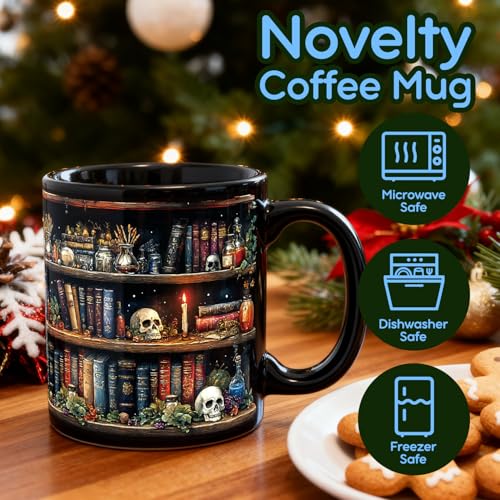 Gothic Skull Book Lover Mug - Halloween Coffee Cup for Men Women, Gift Idea