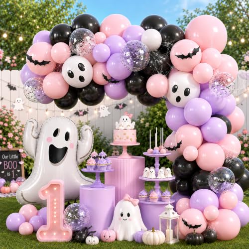 Pink Halloween Birthday Decorations Kit for Girl, 1st Birthday Party Supplies with Backdrop, Balloons, Cake Toppers & More
