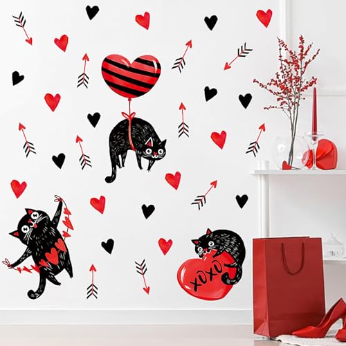 Valentine's Day Cat Window Stickers - Heart Black Cat Wall Decals - Style 20