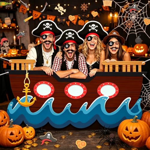 Pirate Party Decorations Kit with Large Ship Backdrop, Hats & Props for Birthday Halloween Events