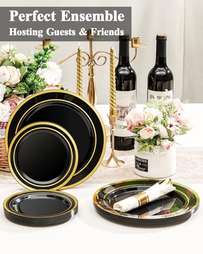 Black Plastic Dinner Plate Set with Gold Rim - 100PCS, Disposable & Reusable