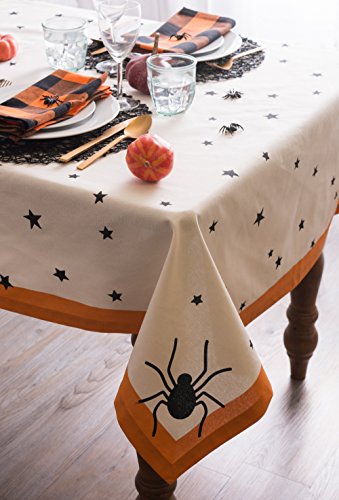 Halloween Tablecloth 52x52 Inch Black Stars & Spiders on Off-White Cotton