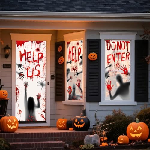 Halloween Decorations Stickers Set with Door Cover & Window Decals - Bloody Handprints & Footprints