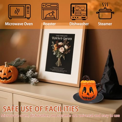JUSTUP Pumpkin Shaped Ceramic Coffee Mug - Halloween & Thanksgiving Orange Cover Cup - 0.7 Pound Cartoon Breakfast & Dessert Cup