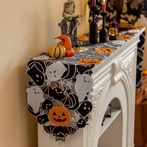 Halloween Spooky Table Runner 14x59 Inch with Embroidered Pumpkins & Bats - Gothic Decor