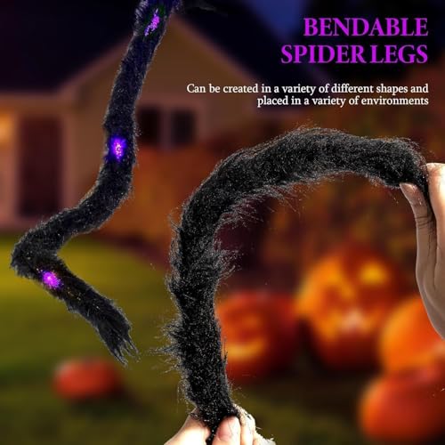 2 Pack 8 Modes 6.7FT Light-Up Halloween Giant Spiders with Purple Lights - Outdoor Indoor Decor