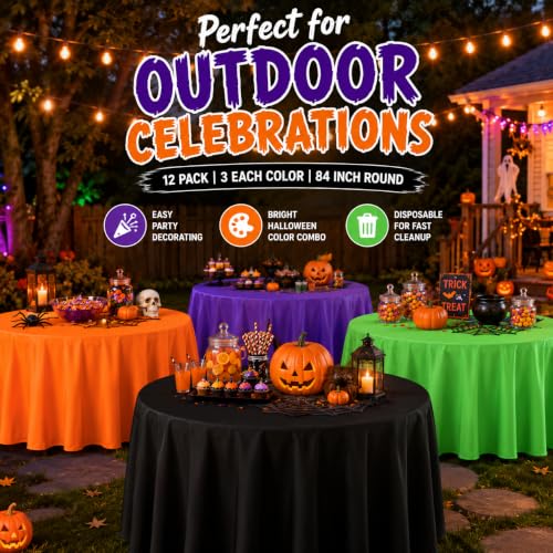 12 Pcs Halloween Plastic Round Tablecloths - Black, Purple, Orange & Green, 84 Inch Disposable Cover Set