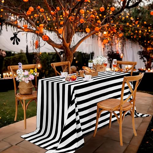 Black and White Striped Waterproof Tablecloth 57x120 Inch for Rectangular & Round Tables - Fanqisi