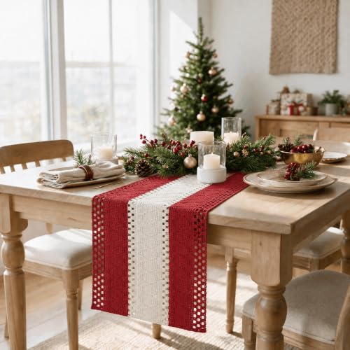 Farmhouse Woven Table Runner 12x108 Inch Rose Red - Artoid Mode