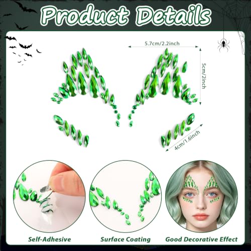 Halloween Green Face Gems Jewels Stickers - Ivy Style, 6 Pcs Face Art Accessories