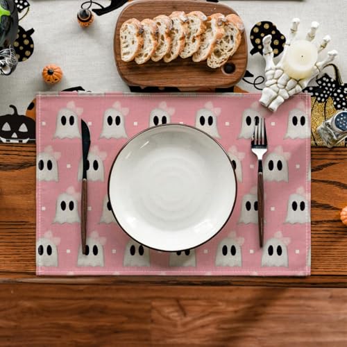 Pink Stripes Ghost Halloween Placemats Set of 4 - 12x18 Inch Rectangular