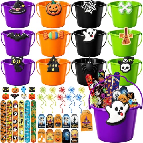 Halloween Party Favors Buckets for Kids 12 Pack with Charms & Accessories