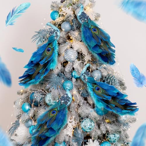 Peacock Christmas Tree Ornaments Set - Long Tail Feather Bird Decorations - Classic Style, 6 Pieces