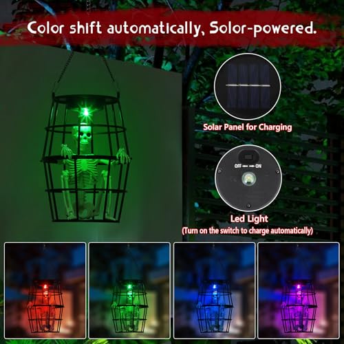 Solar-Powered Halloween Hanging Ghost Skeleton Set of 2 with Multi-Color Auto-Change