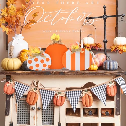 Fall Wooden Pumpkin Decor Set of 3 - Rustic Autumn Table Centerpieces