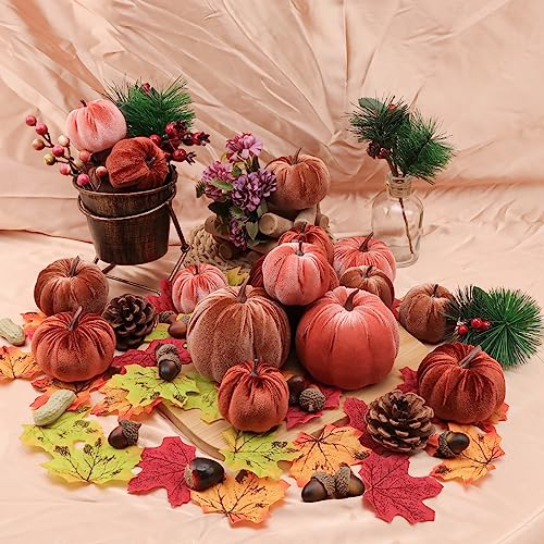 Autumn Velvet Pumpkin Decor Set - Watermelon Red, Maroon & Coffee - 18 Faux Pumpkins