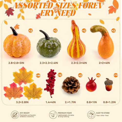 Orange Mini Artificial Pumpkins Fall Decor Set - Thanksgiving & Halloween Table Centerpiece & Wreaths
