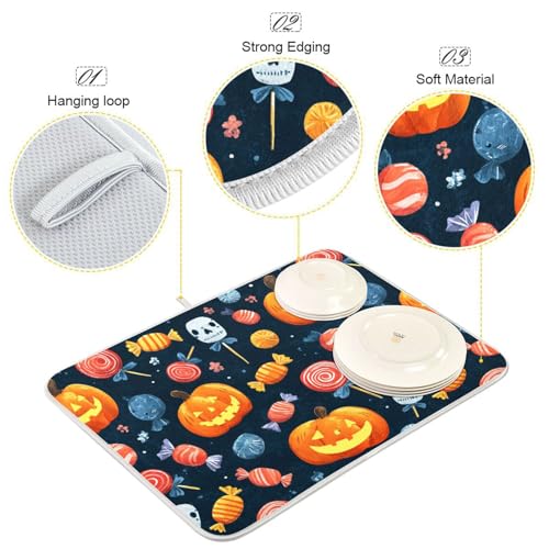 Halloween Pumpkins Skull Candy Dish Drying Mat 16x18 Inch for Kitchen Countertops