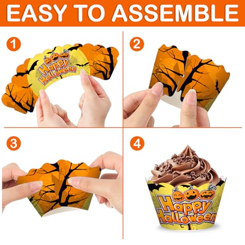 Halloween Cupcake Toppers and Wrappers Set - 48 Pcs Spooky Party Decorations