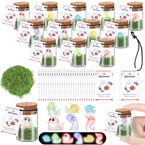 Halloween Ghost in a Jar Set - Vivid 30 Mini Glowing Figurines with Cork Stoppers
