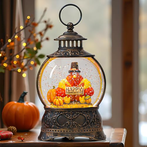 9.85 Inch Fall Decor Snow Globe Lantern with Turkey and Pumpkins - Thanksgiving Table Centerpiece