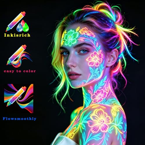 Neon Face & Body Paint Crayons Set - Glow in The Dark UV Makeup Kit, 6 Colors