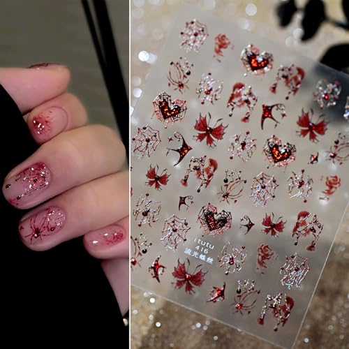 Halloween Glitter Nail Stickers with Spider Web and Heart Design - Style 17