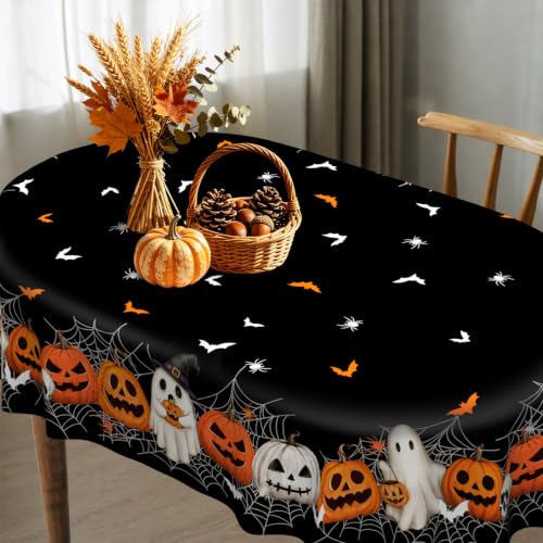 Black Halloween Pumpkin Ghost Oval Tablecloth 84x60 Inches - Festive Home Decor