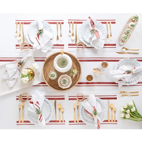 Red & White Stripe Linen Table Runner - 14 x 108 Inches, Handcrafted European Flax