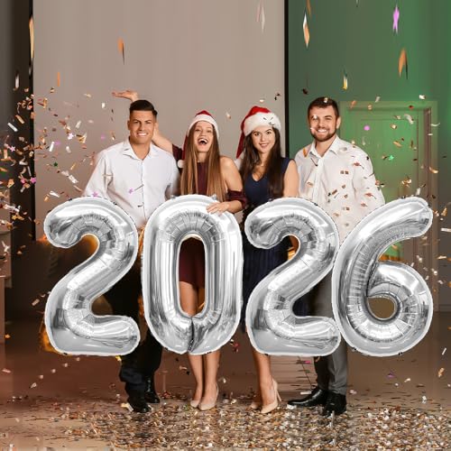 40 Inch Silver 2026 Number Balloons for New Year & Graduation Decorations – Reusable Foil Globos
