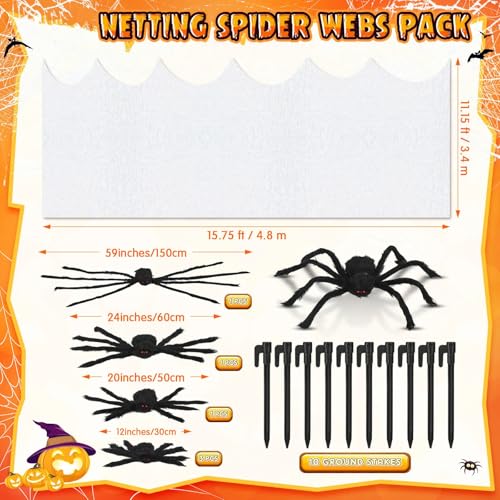 Halloween Outdoor Decoration Giant Spider Web with Black Fake Spiders - White & Black Variations