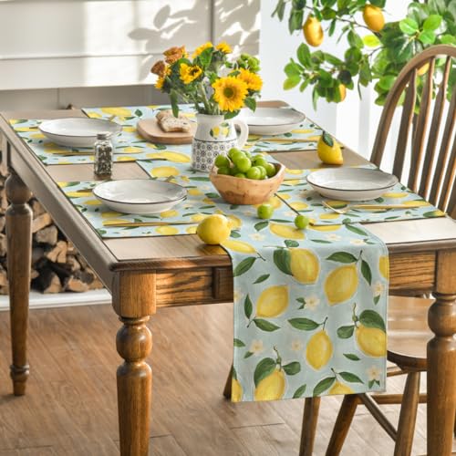 Blue Lemon Flower Floral Placemats Set of 4 - 12x18 Inch Summer Table Decor