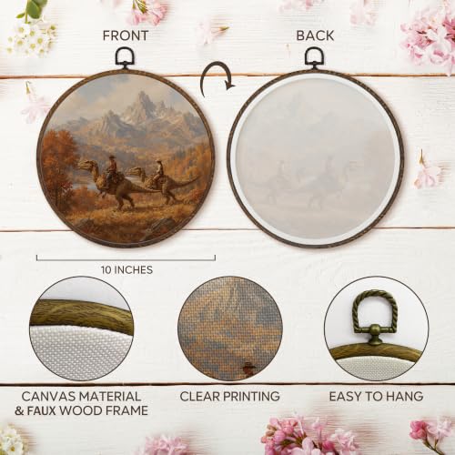 Western Cowboy Dinosaur Round Wall Art - 10x10 Inches - Fall Dino Variation