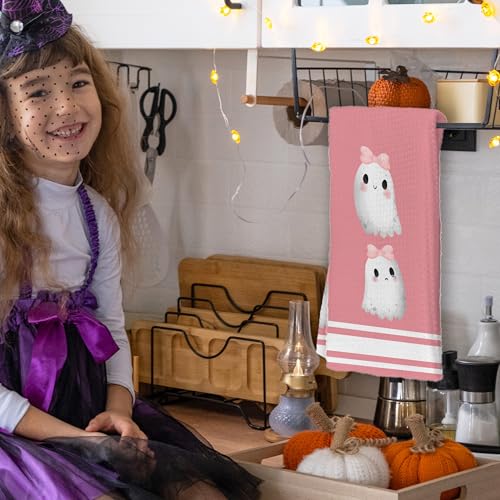 Halloween Kitchen Towels Set of 2 - Pink Ghost & Bow, Absorbent & Decorative for Home & Gift - Pink-1