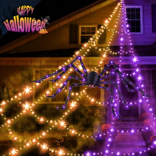 Halloween Outdoor Spider Web Lights with Giant Glowing Spider and 11 Lighting Modes