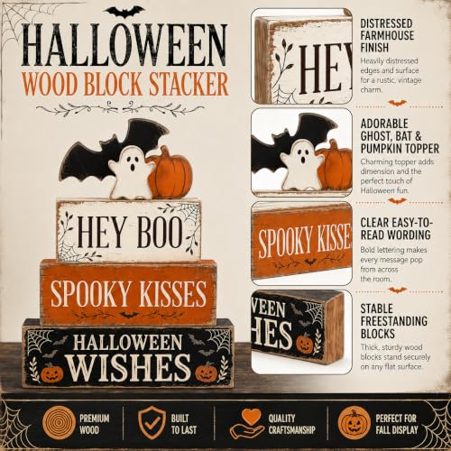 Halloween Wooden Tiered Tray Decor Set - Ghost & Jack O Lantern Signs, Indoor Festive Display