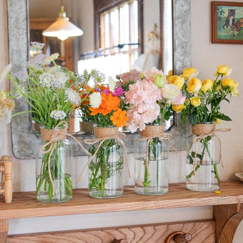 Set of 12 Clear Glass Vases with Twine Ties for Wedding & Home Decor