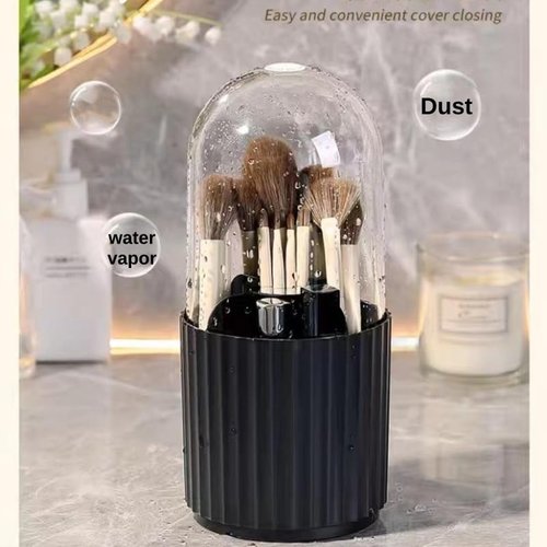 Ariettie Makeup Brush Holder Organizer with Lid, 360 Degree Rotatable Makeup Brush Organizer Spinning Cosmetics Holders Brush Storage Box Display for Bathroom Vanity Countertop, White