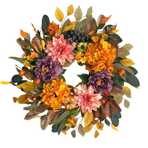 24 Inch Autumn Front Door Wreath with Artificial Flowers and Pumpkins
