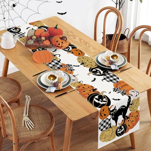 Halloween Pumpkin Table Runner 13x72 Inch Black Cat Bat Fall Decor for Dining Table