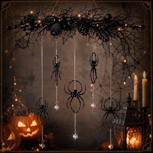 Large Black Halloween Crystal Spider Beaded Hanging Ornaments - Set of 4 with Hooks