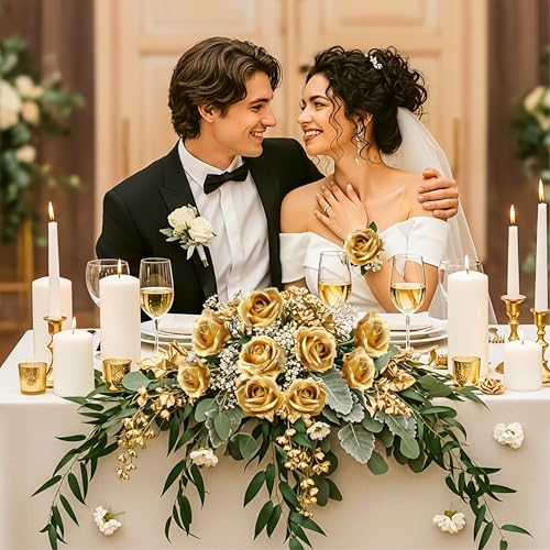 Gold Artificial Roses Bouquet - 14 Silk Roses with Bendable Stems