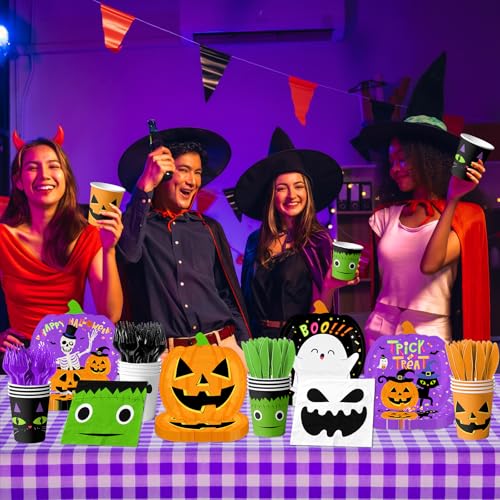 Halloween Paper Plates Napkins Cups Forks Party Supplies 144Pcs Spooky Decor