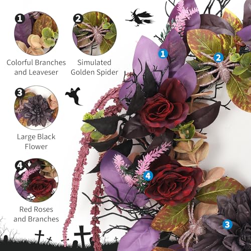 Halloween Wreath 18 Inch with Artificial Roses & Spiders - Round Red & Purple Flowers