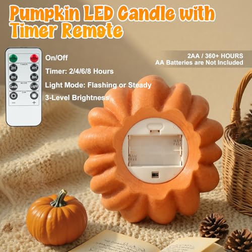 Orange Flameless Pumpkin Candle with Timer - LED Fall Decor for Mantel & Table Setting