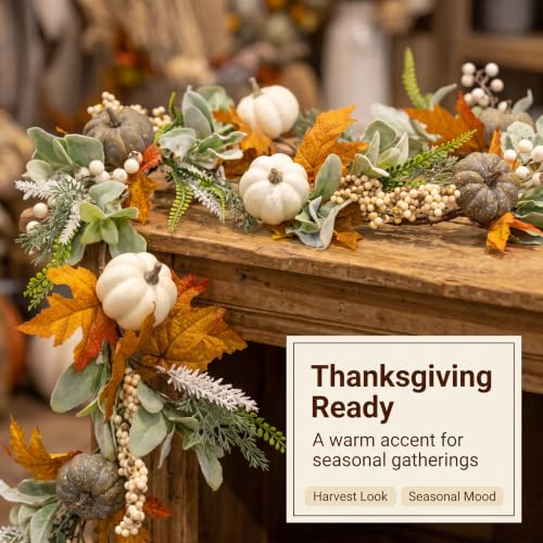 Fall Garland with Pumpkins Berries Leaves for Autumn & Thanksgiving Decor - 6ft