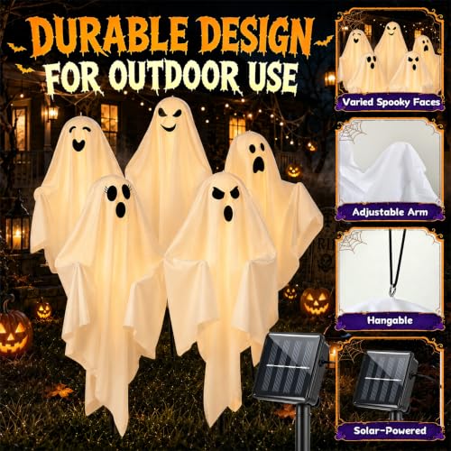 Solar Ghost Yard Decorations 5-Pack Outdoor Halloween Lights with 8 Modes